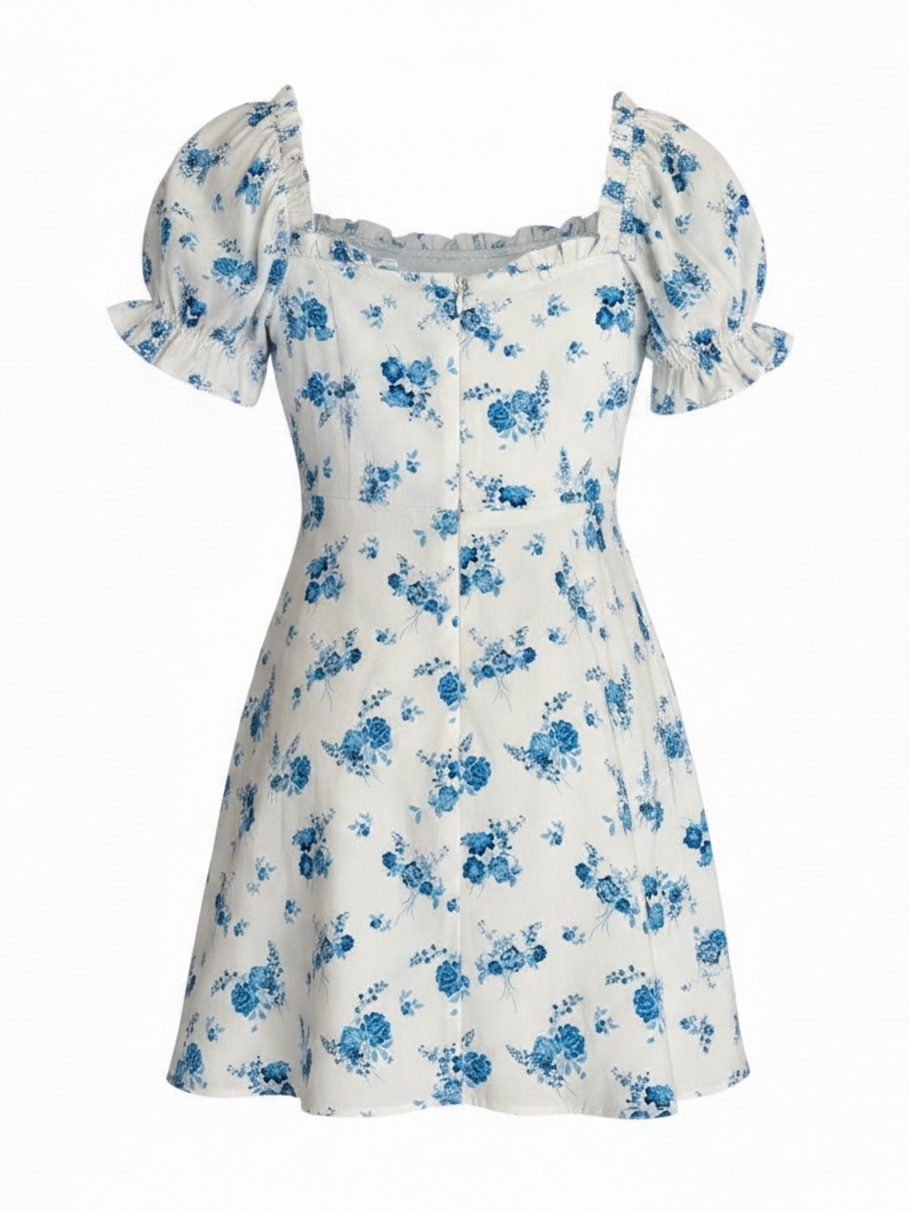 Zara White Mini Dress with Blue Floral Print and Puff Sleeves
